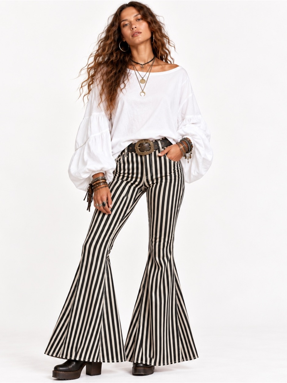 Blani Paige Denim Collection Black White Striped Bell Bottom Flare Jeans M